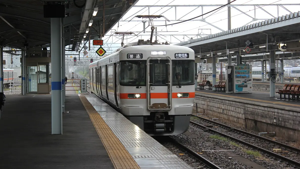 The Chuo-West Line 313 series train arriving at Matsumoto Station