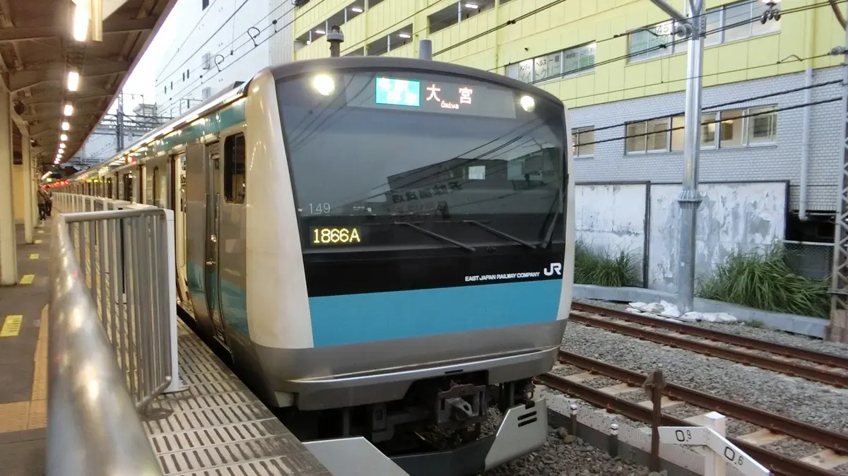 Keihin Tohoku Line E233 series train arriving at Tsurumi Station