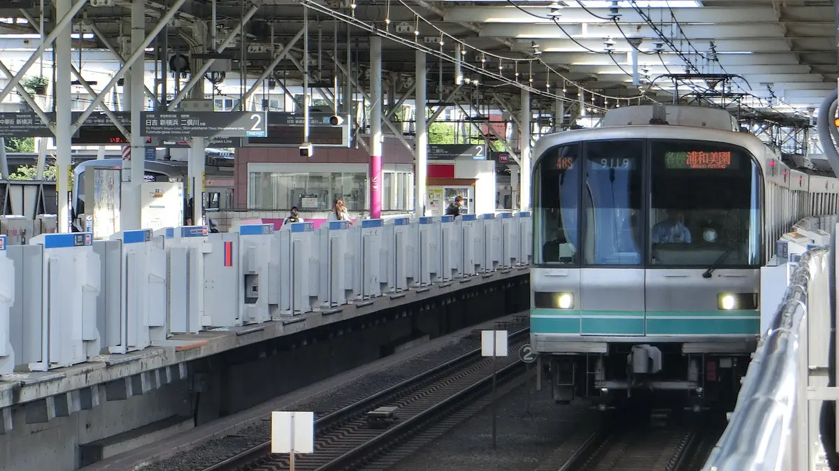 A 9000 series train that runs directly to the Tokyo Metro Namboku Line stops at Tamagawa Station
