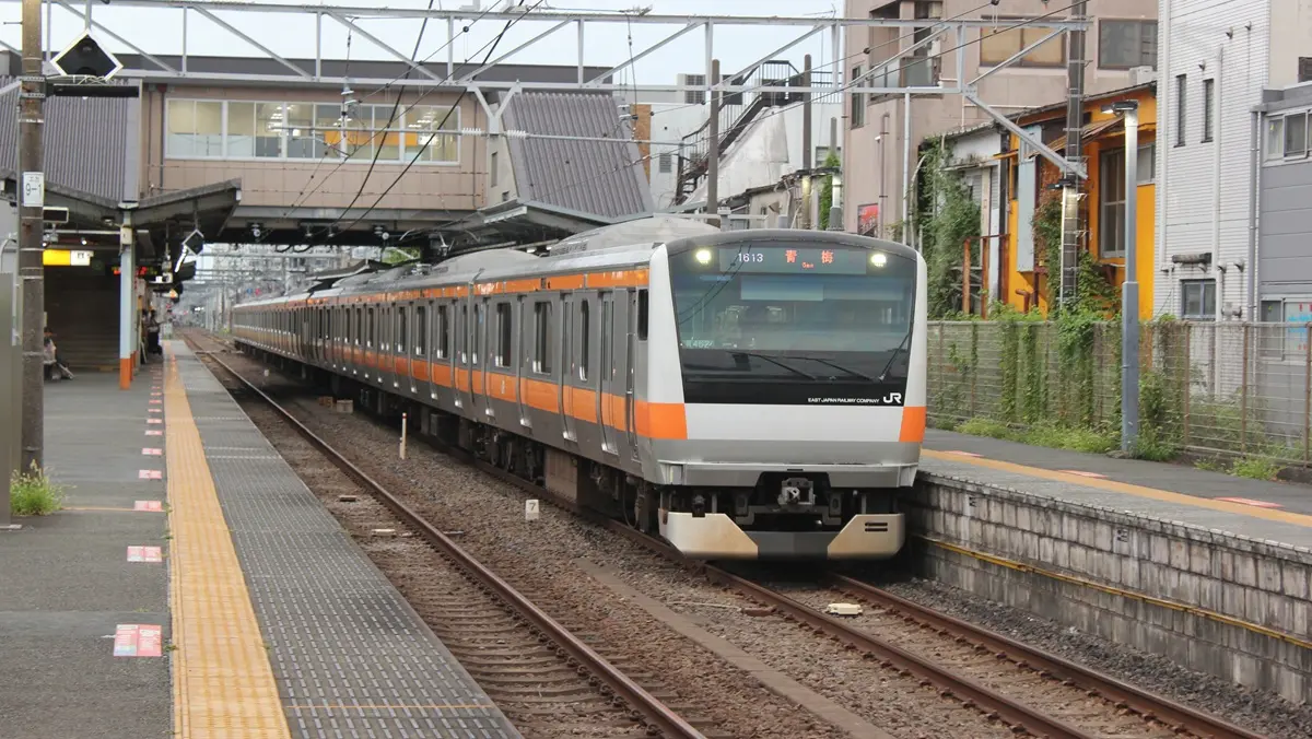 Ome Line E233 series train arriving at Higashi-Nakagami Station