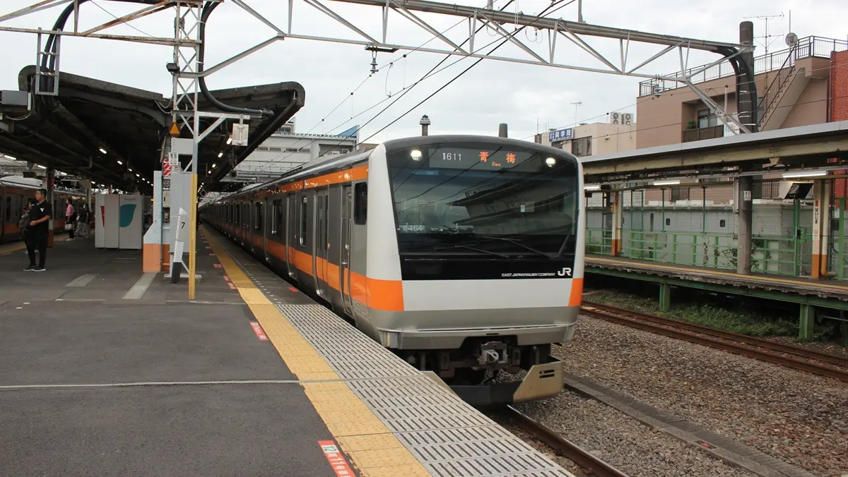 Ome Line E233 series train arriving at Haijima Station