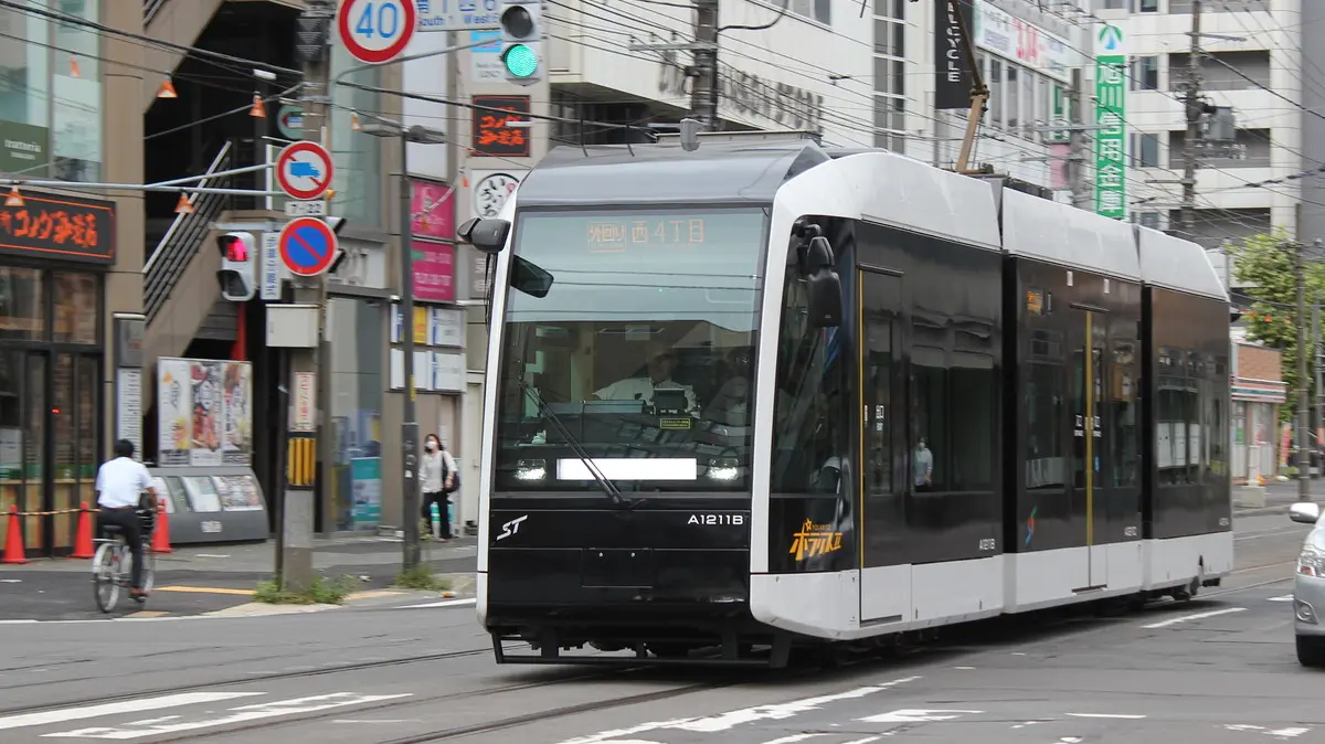 Sapporo City Tram A1210 train heading to Nishi 4-chome Station
