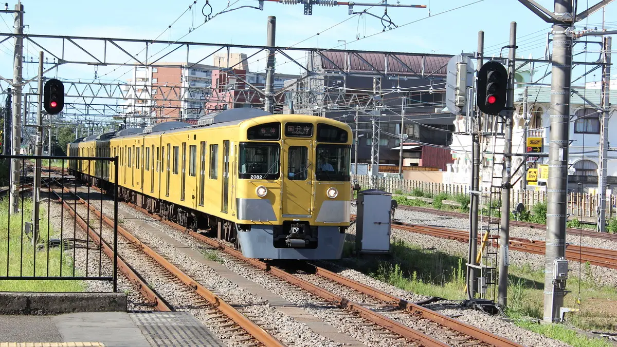 Seibu Kokubunji Line 2000 series train arriving at Ogawa Station