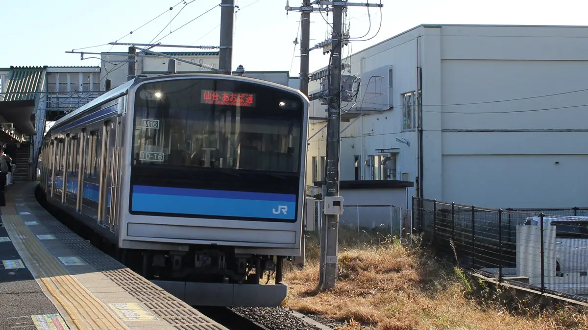 Senseki Line 205 series 3100 train arriving at Fukudamachi Station