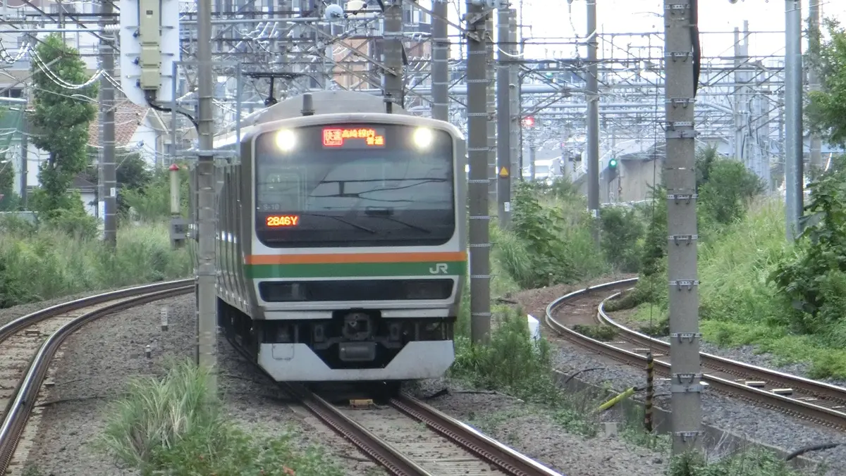 Shonan-Shinjuku Line E231 series train heading to Shin-Kawasaki Station