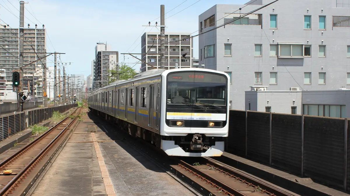 A 209 series train heading to Hon-Chiba Station as a direct train on the Togane Line