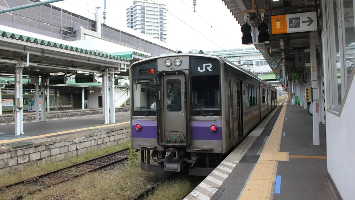 A 701 series train on the Tohoku Main Line waiting to depart at Morioka Station